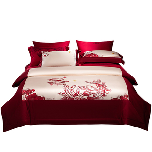 思辰家纺结婚四件套纯棉140S喜庆高级感龙凤刺绣红色婚嫁床上用品