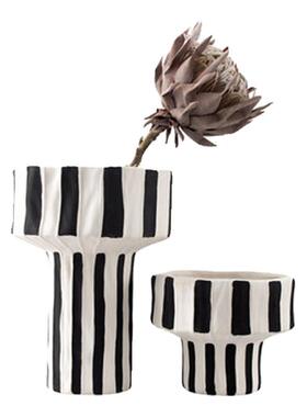 黑白条纹宽口陶瓷花瓶样板房家居客厅餐桌插花器桌面软装饰品摆件