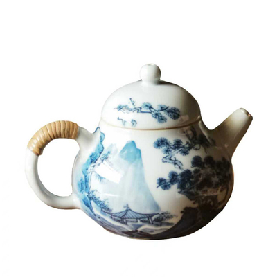弥云斋青花诗文山水藤编泡茶壶