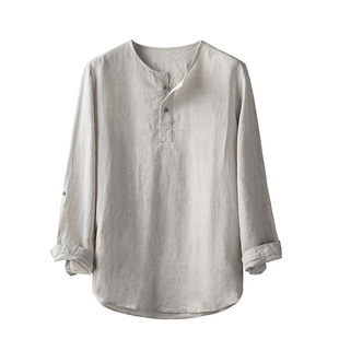 新款春夏亚麻长袖衬衫男宽松大码圆领套头上衣简约舒适透气套衫