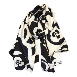 欧美大牌小香风格 山茶花黑白真丝羊毛长巾双面印花羊毛围巾披肩
