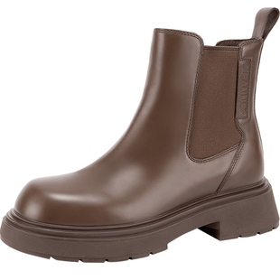 千百度棕色美拉德切尔西靴百搭秋冬气质厚底增高烟筒靴短靴女鞋