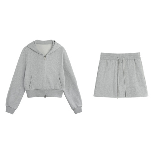 pusumede【现货6折】灰色连帽卫衣外套女宽松休闲短款拉链上衣