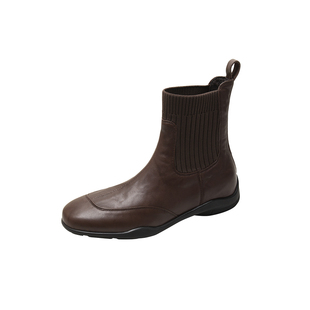 英伦风真皮短靴女秋冬保暖百搭圆头袜靴低跟棕色马丁靴针织瘦瘦靴