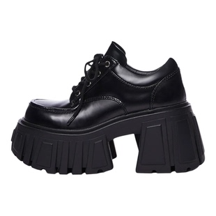 超高粗跟厚底系带单鞋女新款真皮松糕小个子乐福鞋10cm增高小皮鞋