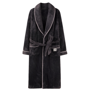 男士睡袍男款冬季珊瑚绒加厚加绒法兰绒浴袍纯色大码睡衣男秋冬款