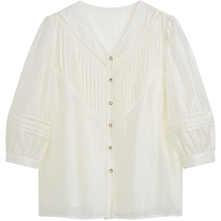 KBNE莱赛尔法式气质米色衬衫褶皱上衣女装2025秋季新款小个子衬衣