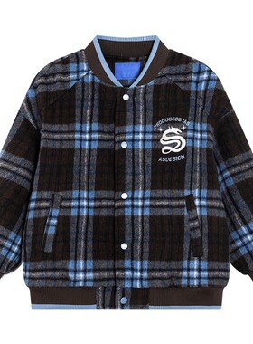 韩范毛呢格子运动保暖棒球棉服潮