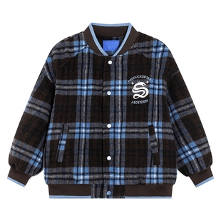 男童冬装韩范毛呢格子加厚棒球棉服2025新款青少年儿童棉衣外套潮