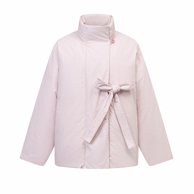 RECIT 樱花奶芙 淡粉色新国标90白鸭绒立领蝴蝶结系带羽绒服女