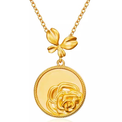 亚一足金花繁蝶悦气质山茶项链气质复古浪漫金币项链送礼时尚古法