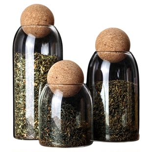 茶叶罐家用密封小茶罐收纳球塞瓶玻璃瓶空储茶罐圆形软木塞茶叶桶