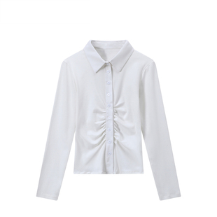 收腰长袖jk制服衬衫女2025年早秋原创设计感褶皱衬衣弹力打底上衣