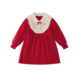 [抗菌锁温]女童连衣裙红色儿童裙子秋冬保暖毛织裙新年公主裙宝宝