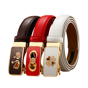 皮带女士自动扣真皮腰带红色潮流百搭装饰女生配牛仔裤女款细裤带