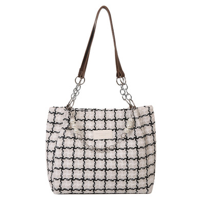 麦瑞雅格子撞色珍珠链条托特包