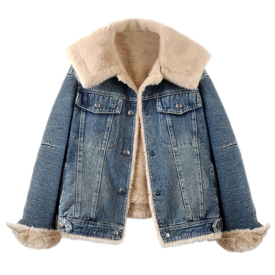 大翻领牛仔短外套女宽松加绒加厚