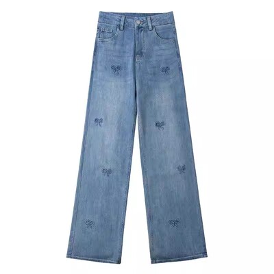 窄版阔腿牛仔裤女春秋季2026新款高腰显瘦垂感刺绣复古浅色直筒裤