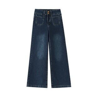 复古直筒牛仔裤女弹力大码冬季加绒胖mm宽松显瘦梨形身材阔腿裤子