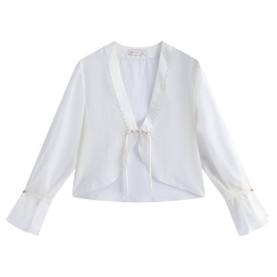 固执夏季新款新中式v领盘扣流苏长袖短款薄开衫外披女上衣