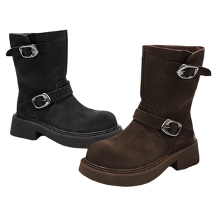 GNC磨砂牛皮棕色西部靴机车短靴2025新款厚底显瘦中筒复古骑士靴