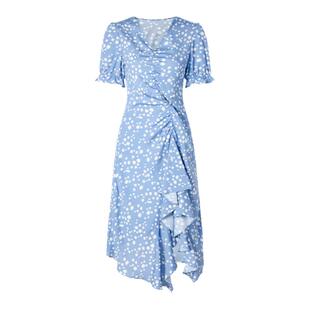 摩萨克夏清新蓝雏菊法式碎花印花捏褶不对称下摆连衣裙女