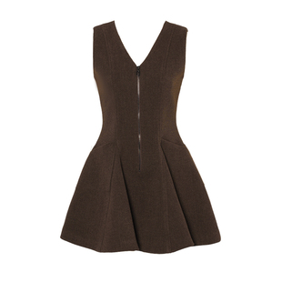 DPLAY厚款棕色连衣裙女士春季新款V领收腰短裙时尚好看气质裙子