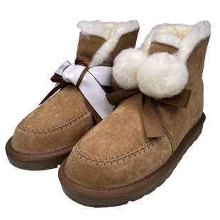 桑坡村羊皮毛一体时尚毛球雪地靴女冬两穿短筒靴平底丝带蝴蝶结