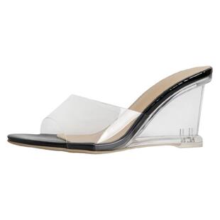 透明高跟鞋凉拖鞋女露趾圆头水晶坡跟夏季新款凉鞋一字拖百搭外穿