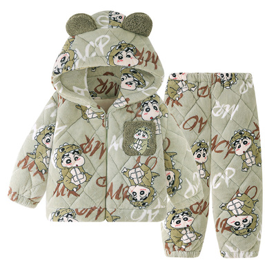 父子冬季三层夹棉蜡笔小新家居服