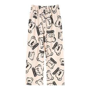 卡通小熊睡裤女长裤夏季纯棉薄款宽松大码200斤高腰阔腿裤家居裤