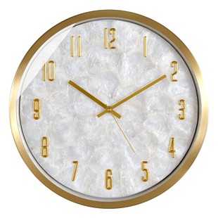 TQJ简约黄铜家用贝壳时钟卧室静音挂钟时尚客厅创意挂墙电波钟表