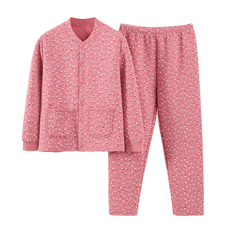 纯棉三层夹棉开衫保暖内衣套装女开襟宽松家居服中老年妈妈装睡衣