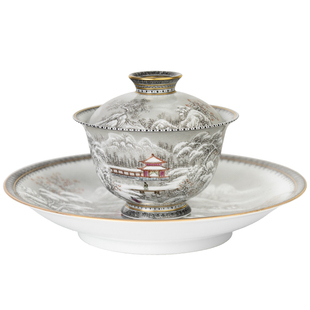 圣山粉彩手绘雪景盖碗茶具景德镇手绘墨彩山水雪景携琴访友盖碗