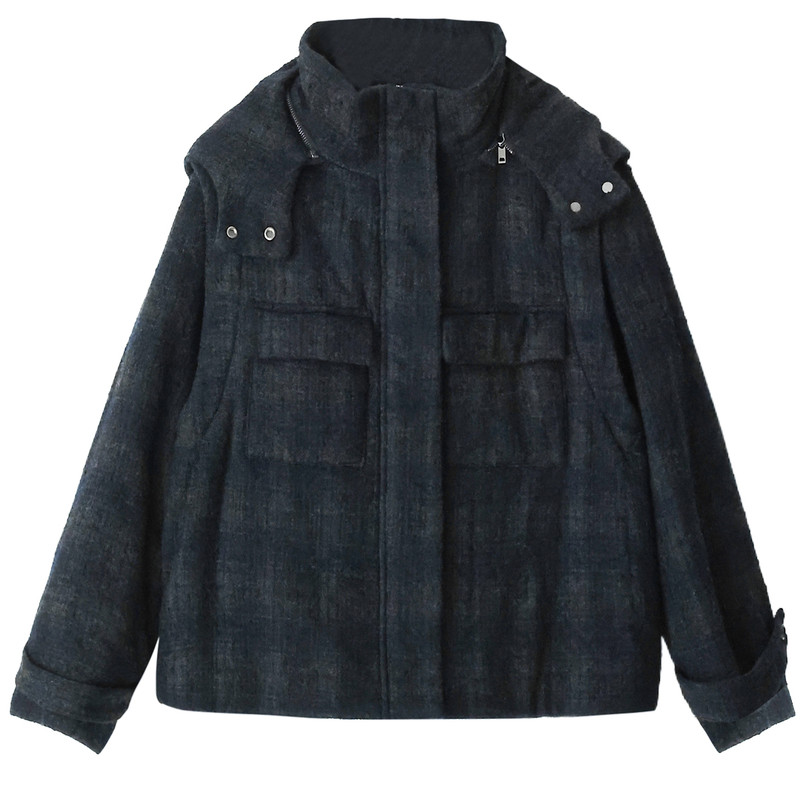 北欧羊毛呢连帽可拆袖保暖棉服女