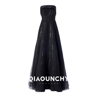 高定 QIAOUNCHY俏云曦｜黑色重工珠片里露肩优雅立裁大礼服长裙