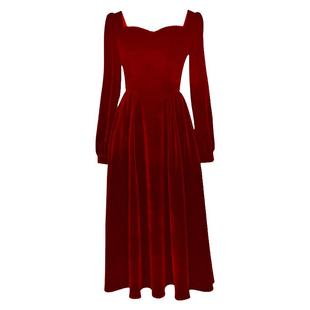 JUJU定制秋冬季新款丝绒长袖红色连衣裙法式复古赫本风裙子礼服女