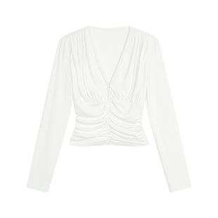 NEVA HU 双重羁绊 高级感V领褶皱长袖T恤女修身收腰气质短款上衣