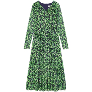 Juicy Couture橘滋连衣裙女时尚绿色碎花网纱飘逸长裙