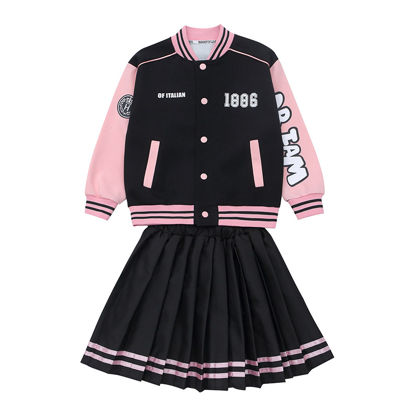 女童春秋JK学院棒球服百褶裙套装