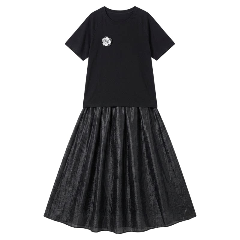 one more简约纯色插肩短袖假两件连衣裙女2026新款夏休闲松弛裙子