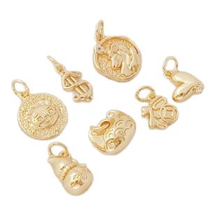 强保色铜镀厚金镶锆桃心钱币福字人像币钱包吊坠手工DIY饰品配件