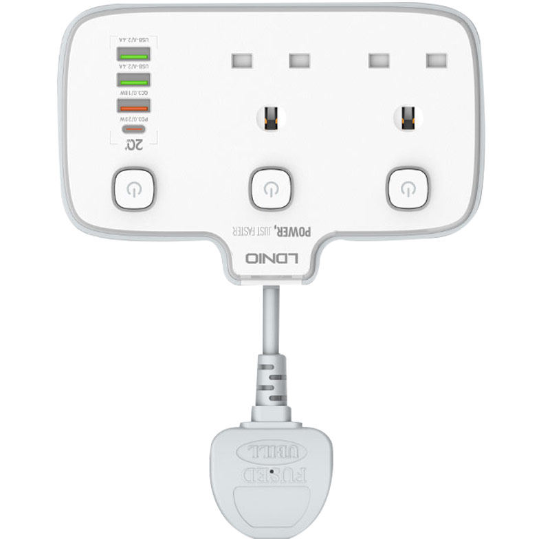 LDNIO墙面扩展2位插座孔拖线板PD/QC3.0快充插孔USB-A充电口开关
