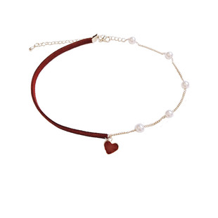 心动红色爱心颈链珍珠锁骨链女短款脖子饰品choker网红颈带女礼物