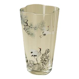 里作 墨彩松鹤玻璃花口茶杯透明绿品茗杯新中式主人杯透明品茗杯