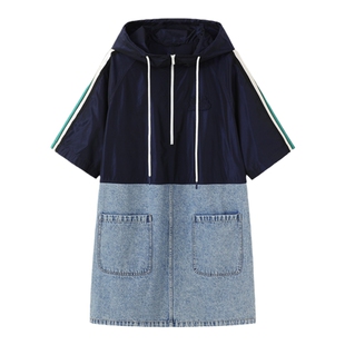 URLAZH有兰秋季新款美式复古H版型拼接撞色牛仔休闲连帽连衣裙女