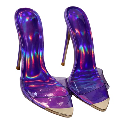 紫色细高跟一字拖鞋透明模特走秀