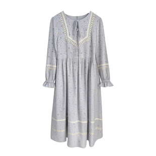 MOBAI自制【山野回信】复古民族风碎花织带连衣裙女秋冬收腰长裙