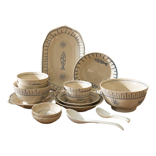 舍里年年有鱼碗碟套装家用陶瓷碗盘组合碗筷套装米饭碗高颜值餐具