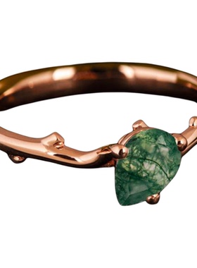 女玫瑰金天然绿色苔藓玛瑙戒指